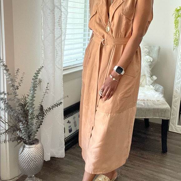 Tan Nude Wrap Belted Midi Dress Size 10 - Picture 5 of 10